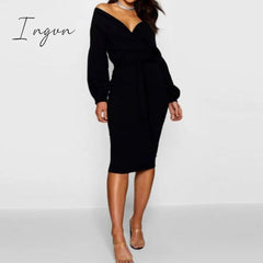 Ingvn - Spring Sexy Deep V Neck Ladies Bodycon Dress Elegant Women Solid Lantern Sleeve Sashes Party Dress Casual Female Vestidos