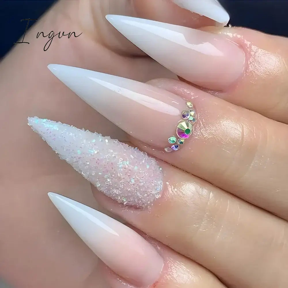 24Pcs False Nails With Glue Almond Pink Butterfly Design Detachable Rhinestones Acrylic Fake Nails long stiletto Press On Nails