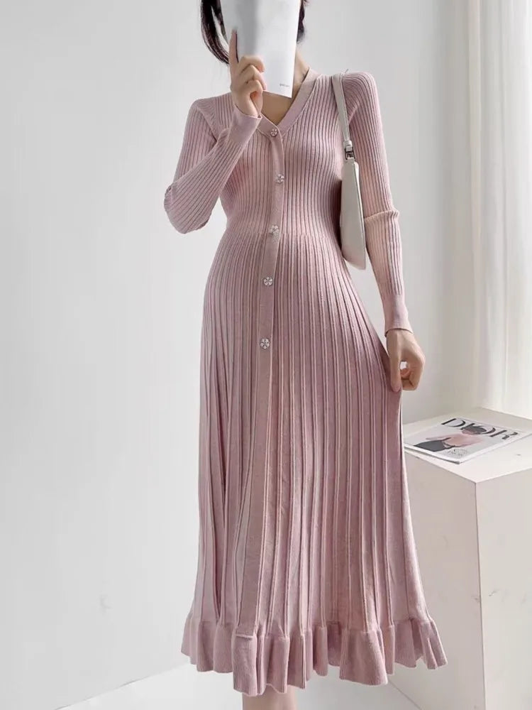 Solid Knitted Dresses for Women Autumn Long Sleeves V-neck Single Breasted Pleated Ruffles Casual Korean Fashion Female Clothing