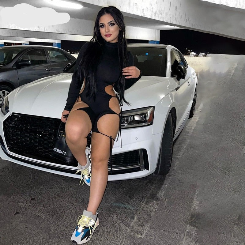 Solid Long Sleeves O Neck Cut Out Drawstrings Bandage Playsuit  Summer Fall Bodycon Sexy Party Club Elegant Y2K