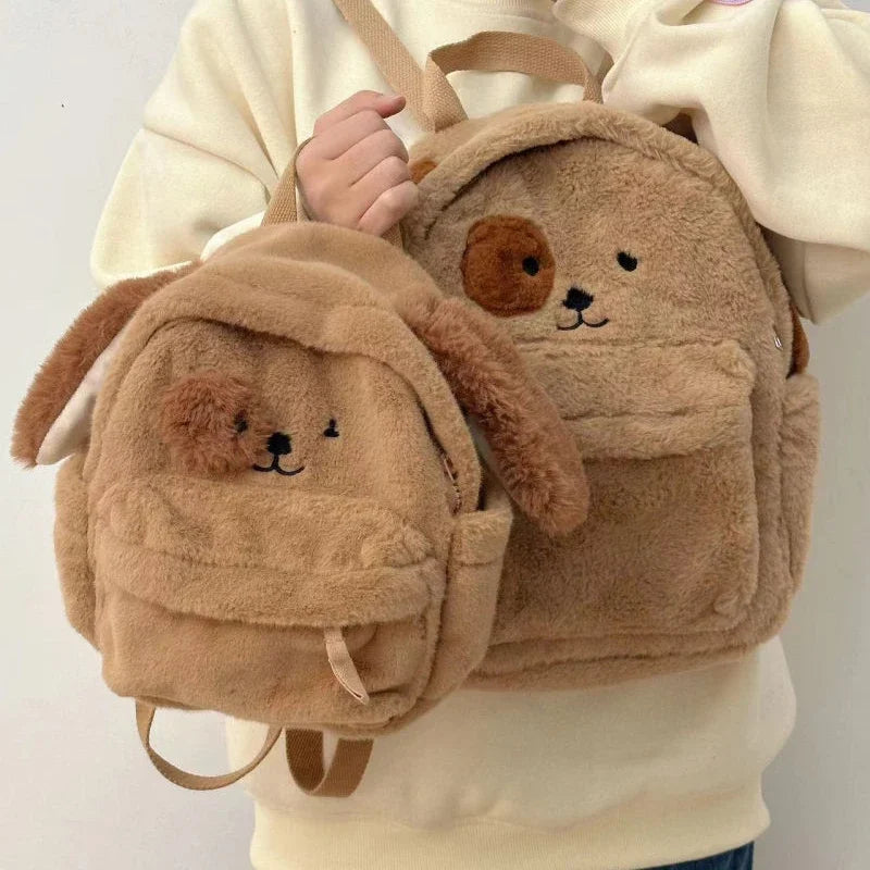 Ingvn  Cute Puppy Womens Backpack Plush Brown Fluffy Cartoon Sweet Kawaii School Backpack Students Casual Daily Fashion New Bag