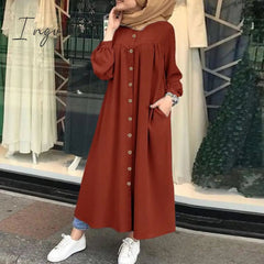 Ingvn - Plus Size Muslim Dresses Woman Shirt Dress Long Sleeve Maxi Vestidos Female Button Robe High Wasit Solid Sundress