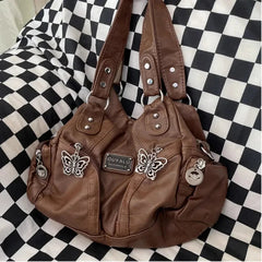 Ingvn  Brown Y2k Womens Shoulder Bag Vintage Fashion Soft Pu Leather Gothic Tote Bag Punk Harajuku Casual Large Capacity Handbag