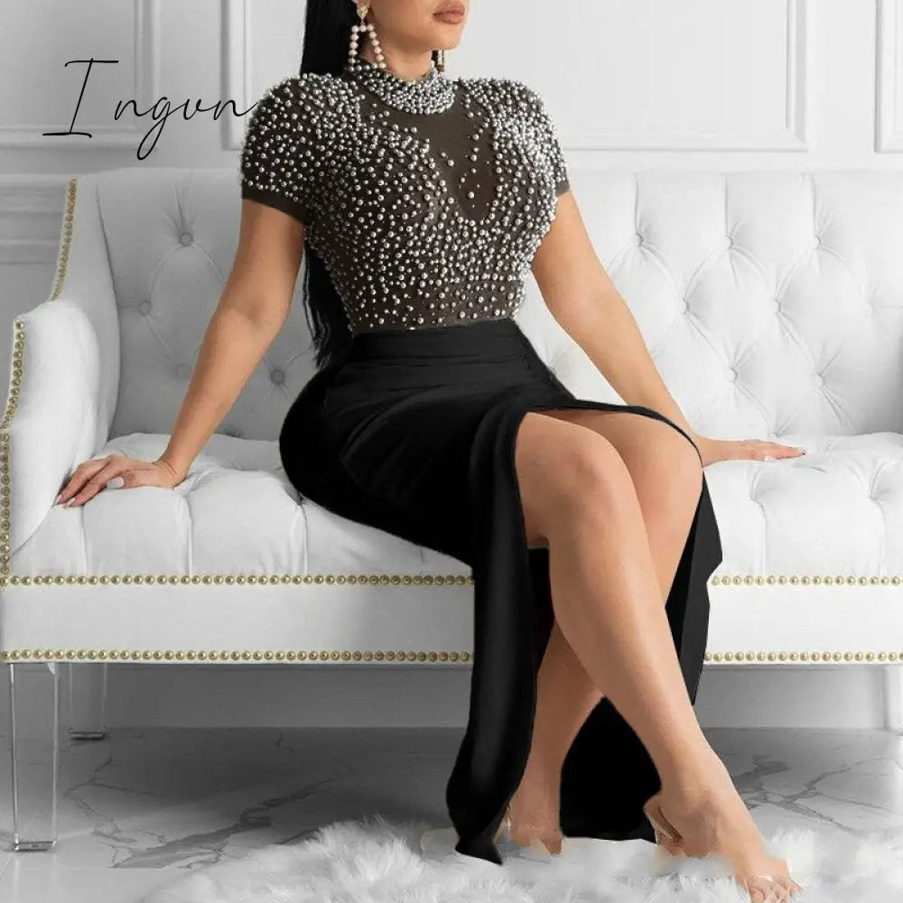 Ingvn - Women Sexy Dress Transparent Tulle with Bead Tops Patchwork Slit Party Dresses Short Sleeves Female Summer Night Date Out