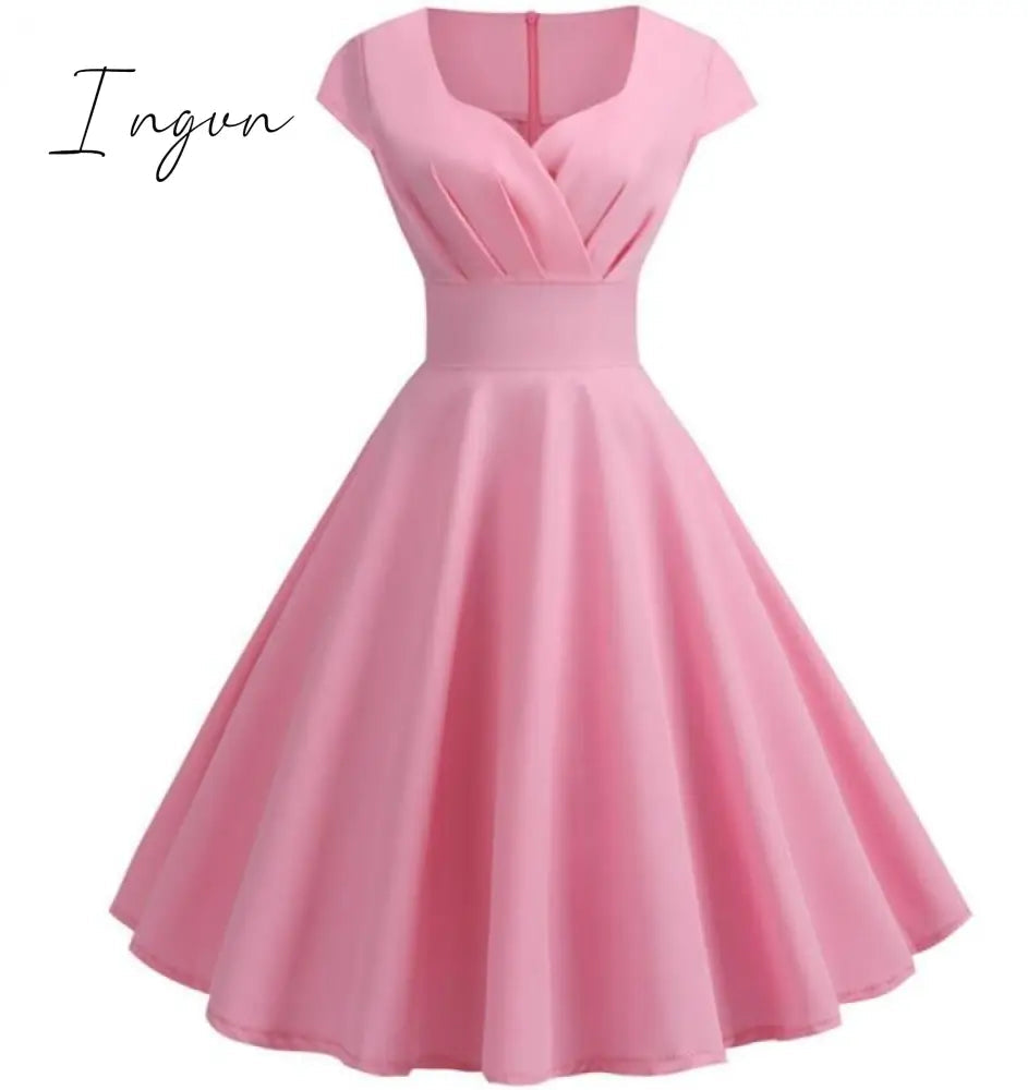 Ingvn - Pink Summer Dress Women V Neck Big Swing Vintage Dress Robe Femme Elegant Retro pin up Party Office Midi Dresses Plus Size