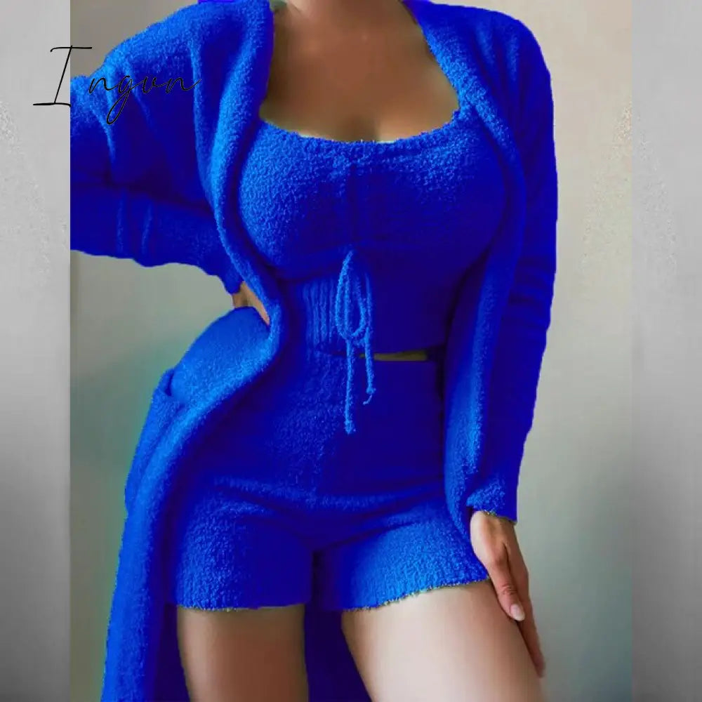 Ingvn - Women Elegant Fleece Soft 3 Piece Suit Fashion Square Collar Drawstring Tops+Long Cardigan Outfits Casual Pajamas Solid Set
