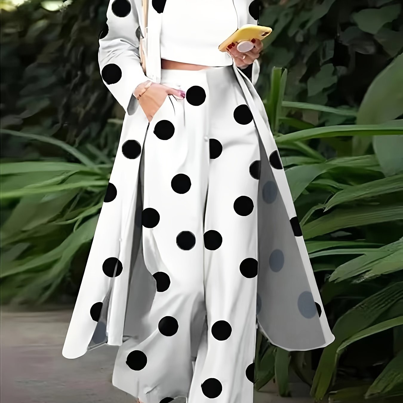 Plus Size Elegant Outfits Set, Women's Plus Dot Print Long Sleeve Lapel Collar Longline Shirt Top & Wide Leg Pants Outfits Two Piece Set