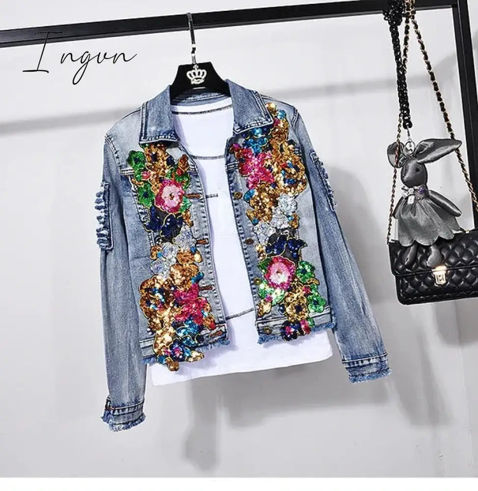 Ingvn - European Style Denim Suit Fashion Outfit Women New Flower Sequined Denim Jacket Short Jacket &amp; Jeans Pants Two-Piece Set Female