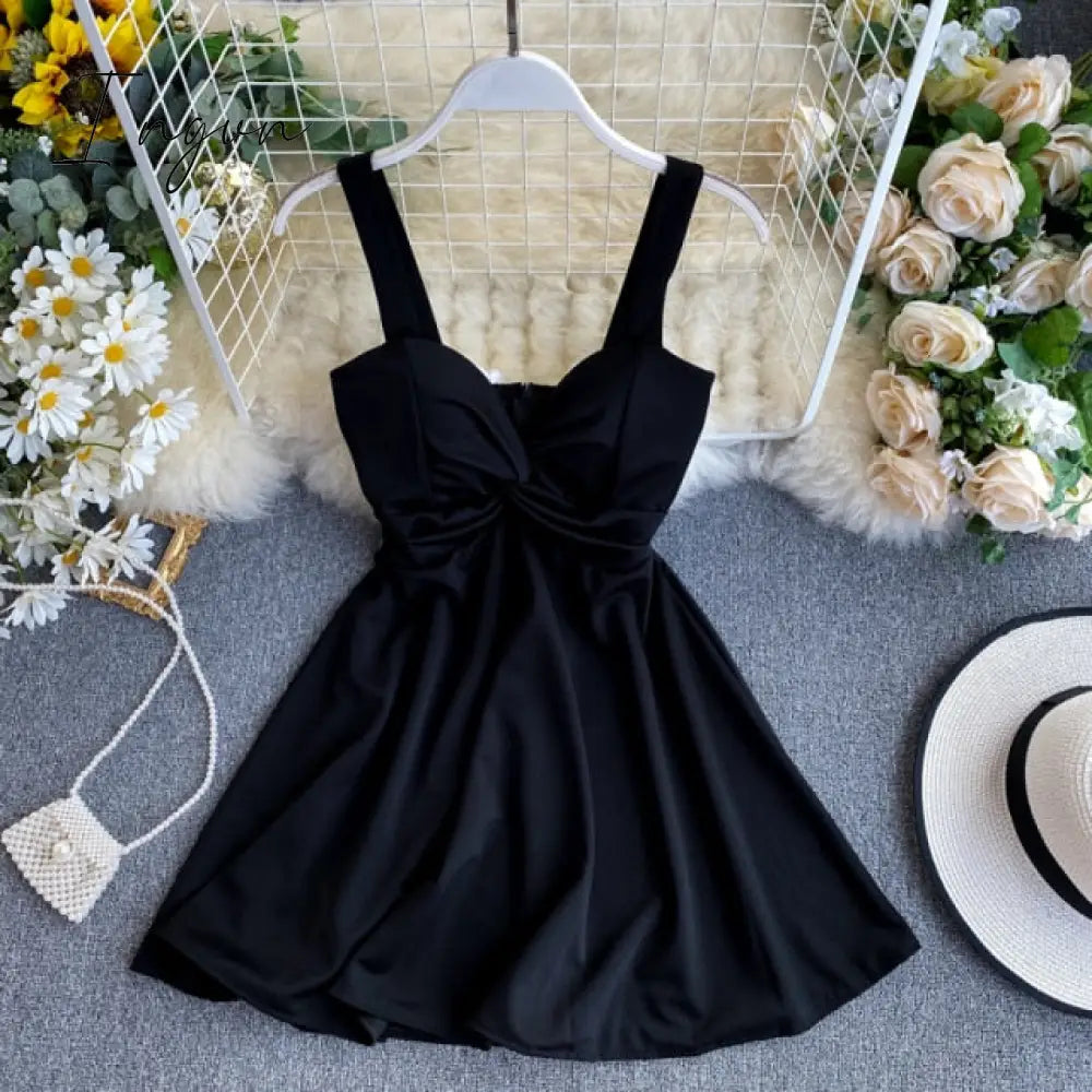 Ingvn - Women A-line Sexy Dress V-Neck Spaghetti Strap Backless Mini Dresses Soild Color Vestidos Slim Trend High Waist For Party