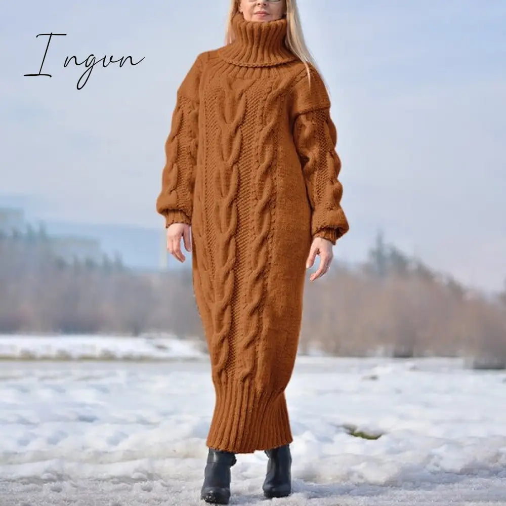 Ingvn - Sweater Dress Women Long Sleeve High Neck Knitted Pullover Dress Soft Warm Solid Color Oversize Bodycon Jumper Female Dress