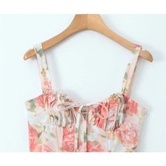 Elegant Women Sexy Front Slit Floral Print Sling Midi Dress Lace Up Bandage Back Female Summer Dresses Holiday Robe