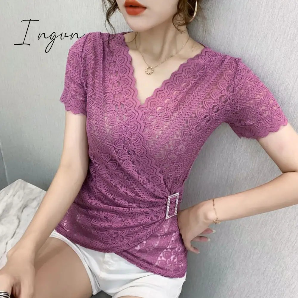 Ingvn - 5XL Women lace tops New Arrivals Summer short sleeve v-neck women blouse shirt Sexy Hollow out lace tops plus size blusas