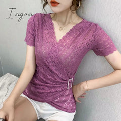 Ingvn - 5XL Women lace tops New Arrivals Summer short sleeve v-neck women blouse shirt Sexy Hollow out lace tops plus size blusas