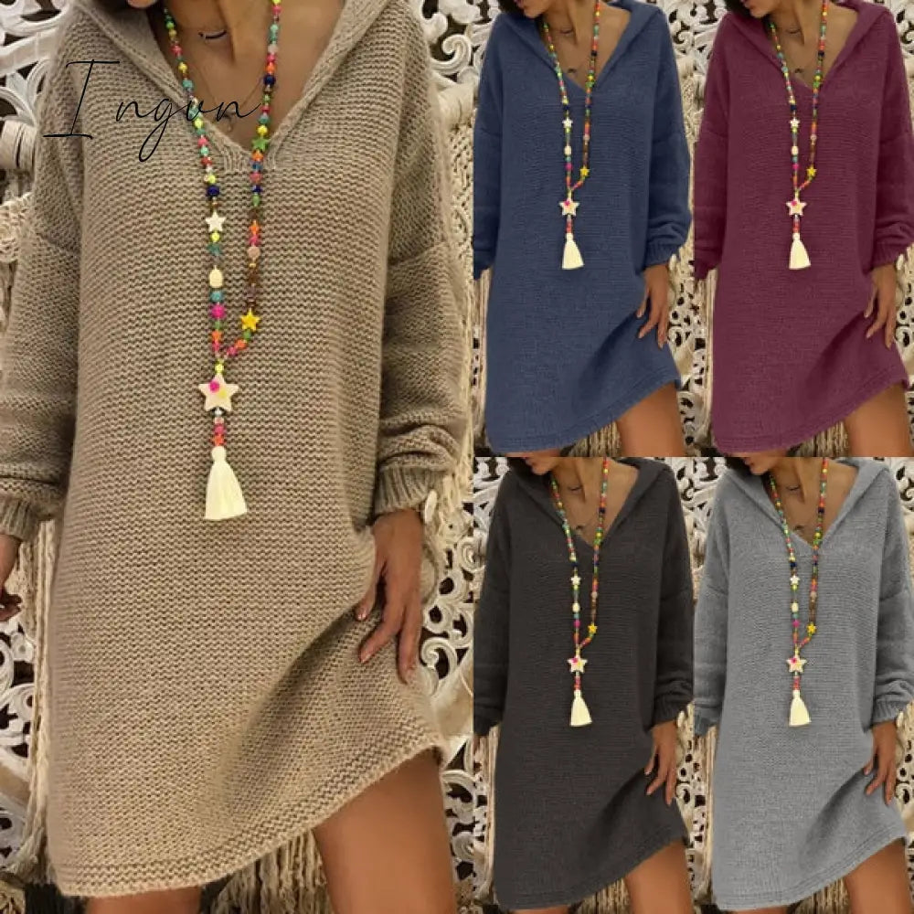 Ingvn - Sweater Dress Women Hooded Collar Long Sleeve V-neck Pure Color Knitted Pullover Spring Autumn Oversize Sweaters Pullovers