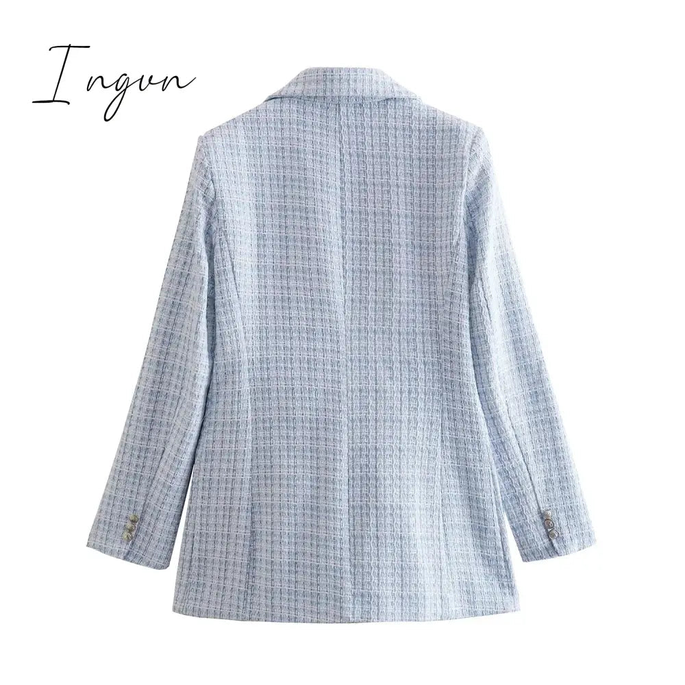 Ingvn - Fashion Casual Double Breasted Tweed Women Blazer Coat New Long Spring Autumn Jackets Coats Female Chic Office Lady Tops
