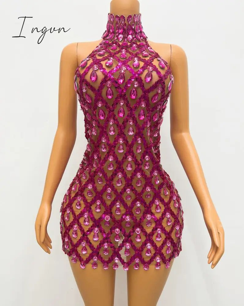 Ingvn - Sparkly Black Sequins Sleeveless Birthday Stones Transparent Backless Dress Shiny Evening Celebrate Outfit Stretch Mesh shaokao