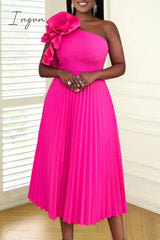 Ingvn - Rose Red Sexy Casual Solid Patchwork Oblique Collar Pleated Dresses
