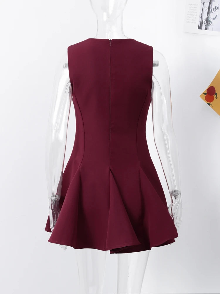 Bow Hollow Out Pleated Dress Women Lace Up Sleeveless O-Neck Slim Fit Fluffy Gown Waist Cinched Dress Woman 2025 Summer Dresses