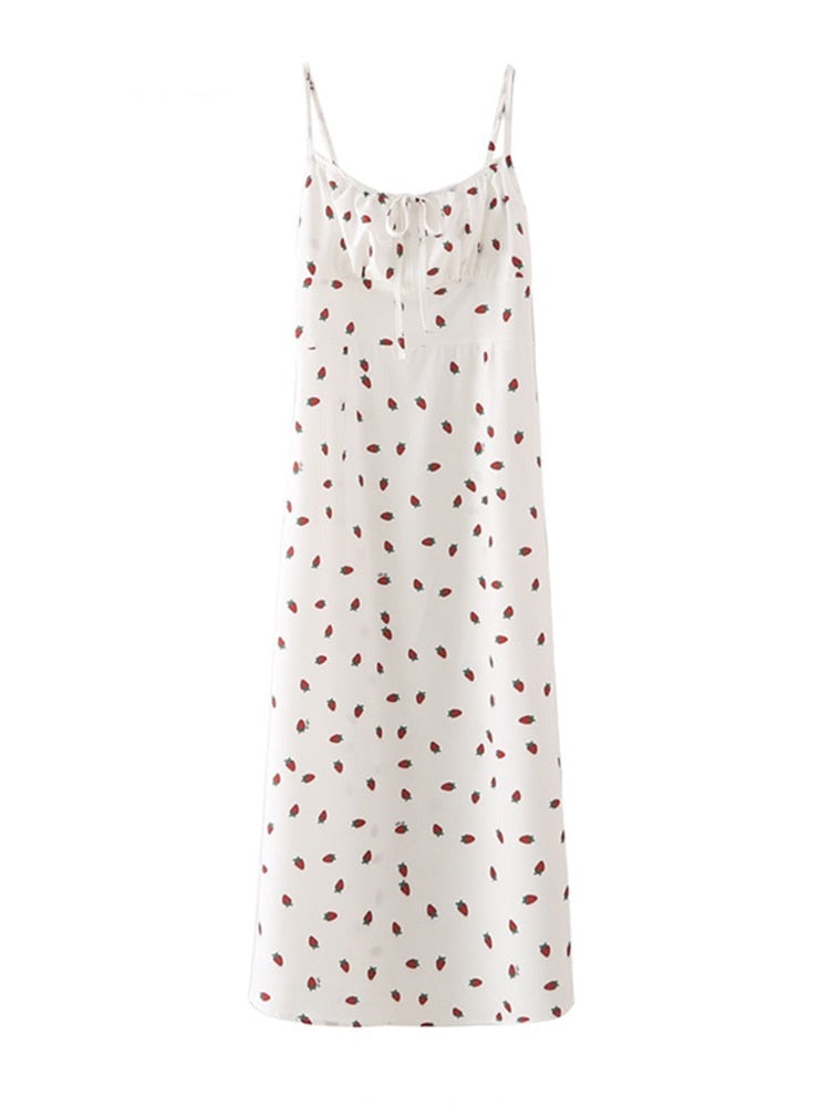 Voguable  Strawberry Print White Chiffon Long Dress Women Spaghetti Strap Vintage Boho Summer Beach Maxi Dress Sleeveless Sundress