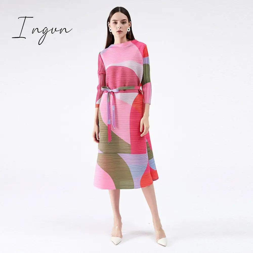 Ingvn - Pleated Dress Women Hit Color Geometric With Belt Sashes Over Size Long Sweet Casual New Spring Fashion Tide