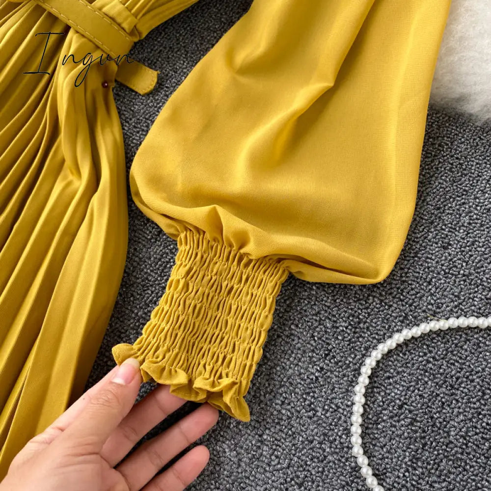 Ingvn - Vintage Women Pleated Long Dress Female Elegant Lantern Long Sleeve High Waist Red/Purple Draped Maxi Vestidos Spring Autumn New