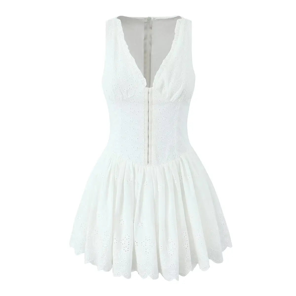 New Women Hollow Out Embroidery White Tank Dress Sleeveless V Neck Low Waist A-line Mini Dresses Summer Cotton Robe