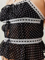 Women Dot Print Camisole Slim Lace Trim Tie Front Square Neck Backless Spaghetti Strap Crop Tank Tops Summer Clothes