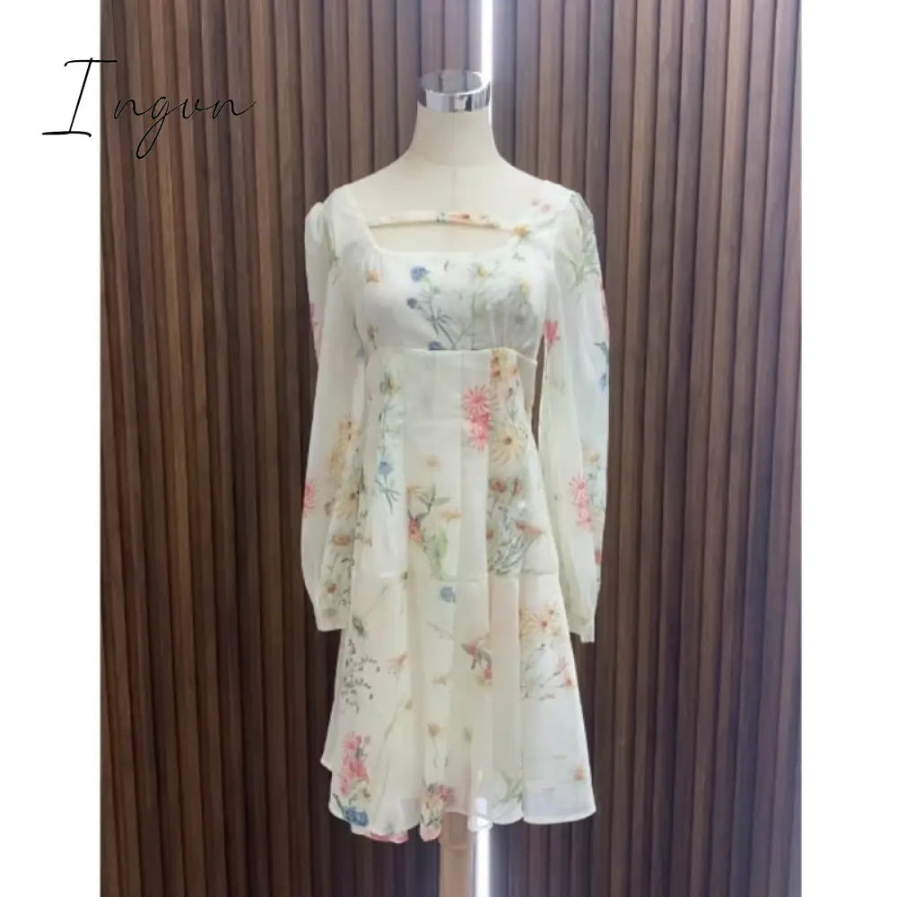 Ingvn - French Elegant Floral Midi Dress Chiffon Long Sleeve Evening Party Dress Woman Beach Fairy One Piece Dress Korean 2023 Summer