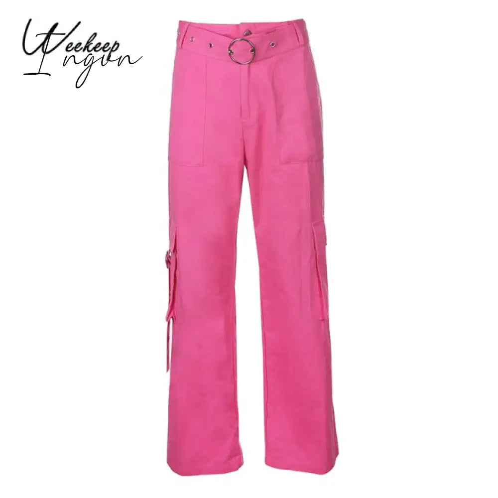Ingvn - Button Pockets Patchwork Cargo Pants Women Streetwear High Waist Trousers Women Fashion Pencil Pants Joggers Women