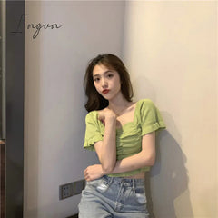 Ingvn - Knitted Fashion Blouse Woman Ruffle Youth Elegant Blouse Summer Crop top Sexy Slim fit Shirt Short sleeve