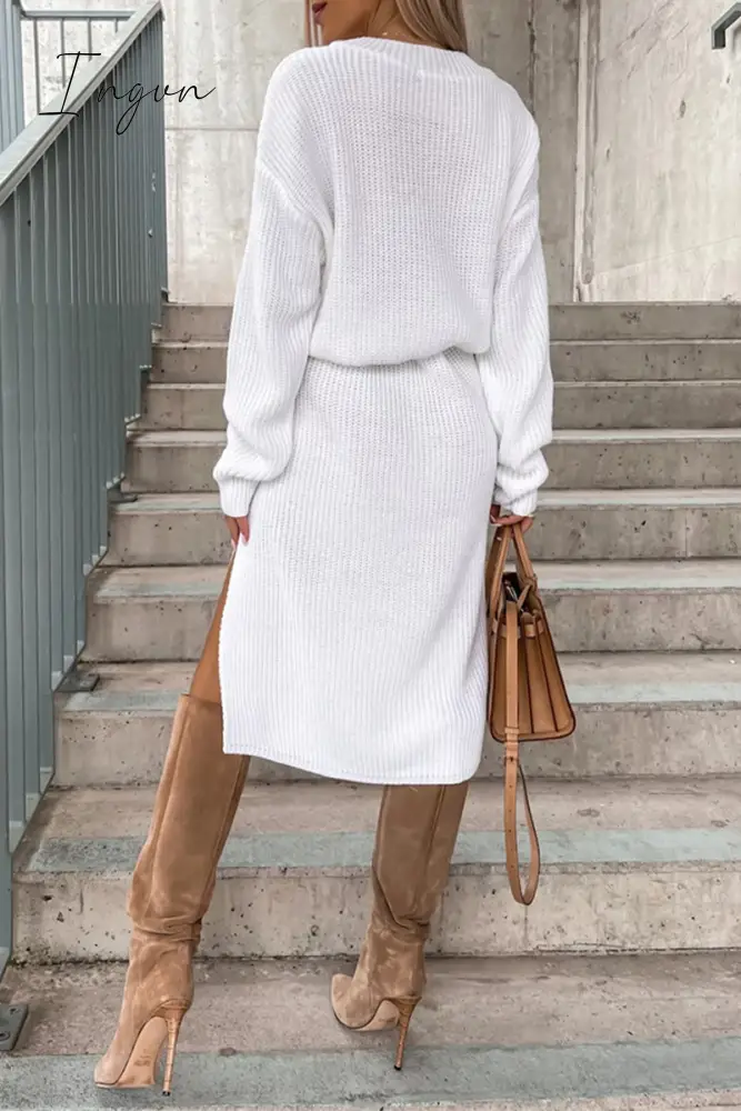 Ingvn - Elegant Simplicity Solid Slit O Neck Long Sleeve Dresses