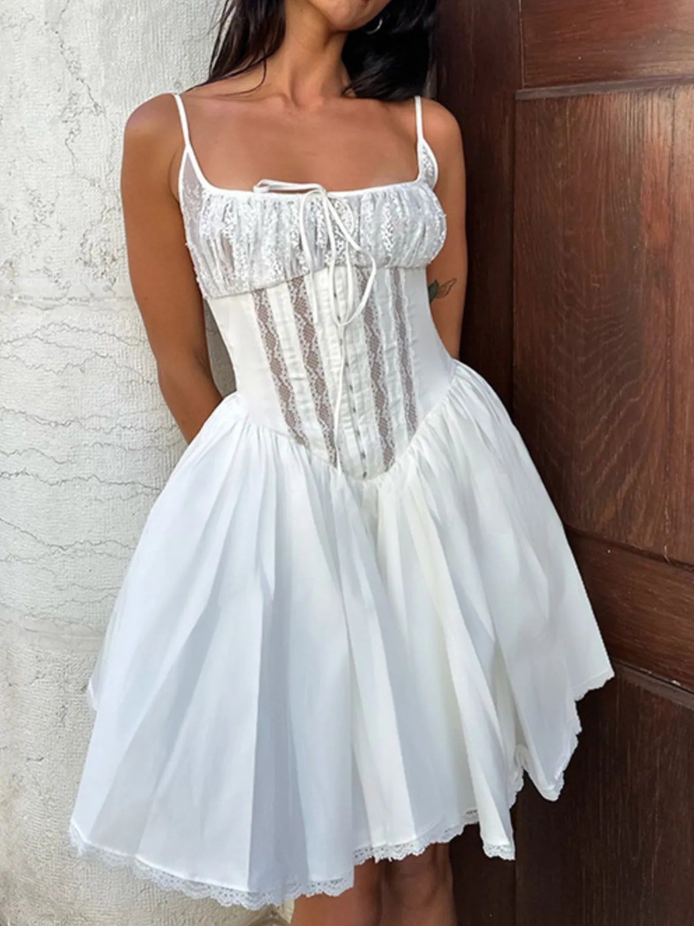 Lace Square Neck Ruffle Cami Dress