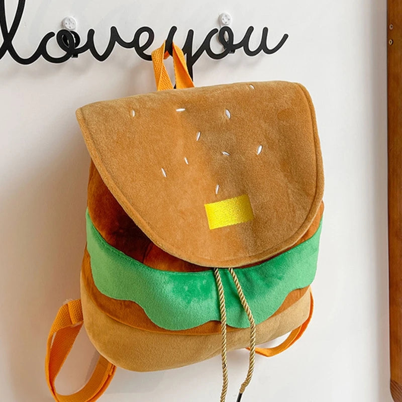 INGVN  Large Capacity Plush Backpacks Lovely Cartoon Hamburger Backpack Drawstring School Bag Travel Backpack for Students