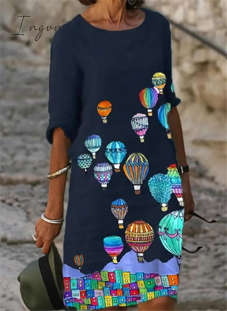 Ingvn - Printed Loose Satin Night Dress Women's Fashion Casual Vintage Spring Summer All-match Plus Size Beach Dresses Vestidos