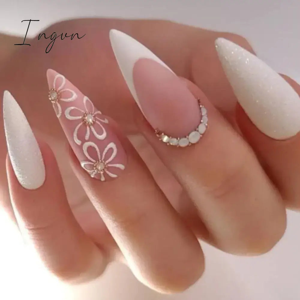 24Pcs 3D Long Almond False Nails Red Nude Ballet Stiletto Wearable Fake Nails MilkTea Color Jelly Full Cover Press On Nail Tips