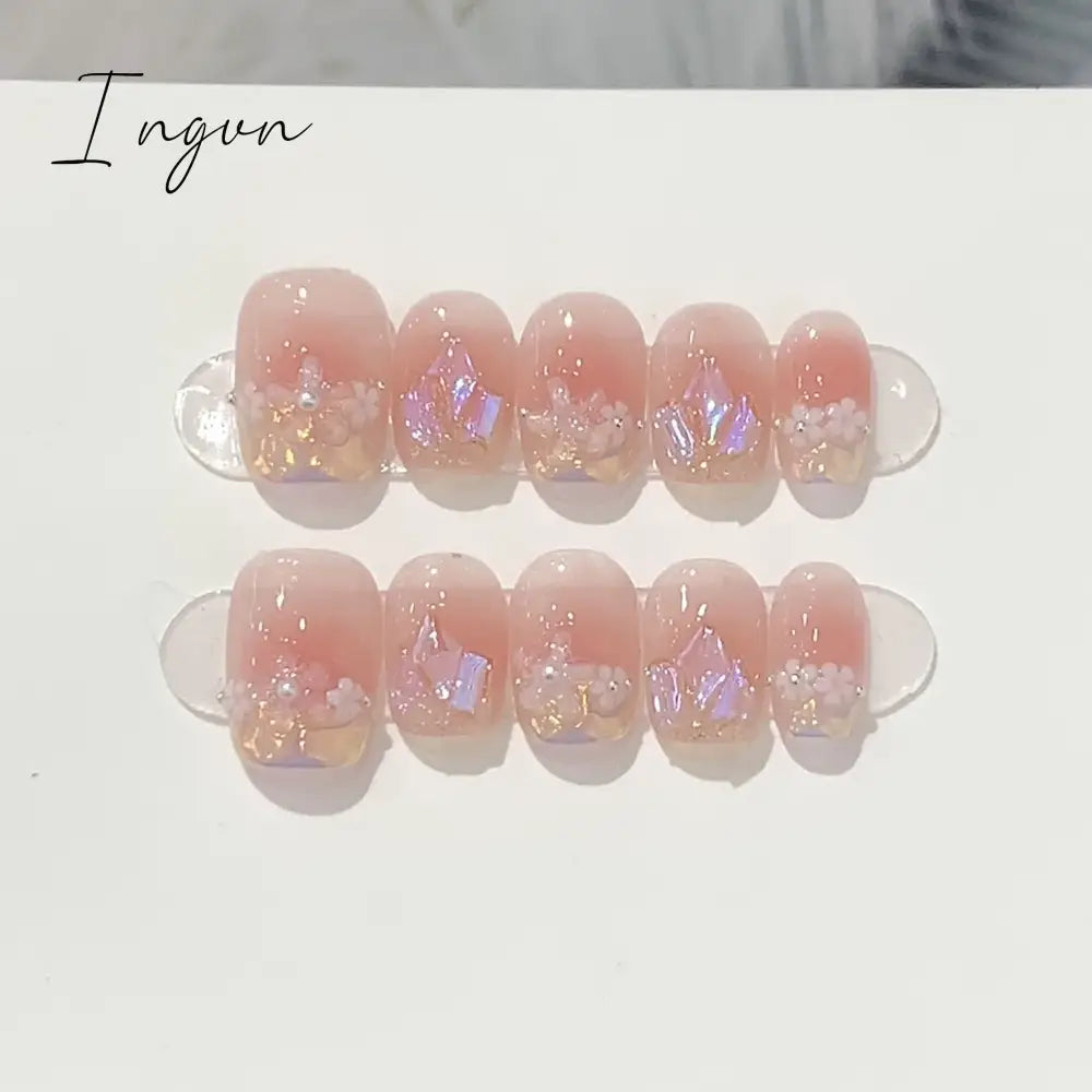 10Pcs Pink Cute Handmade Press on Nails Full Cover Bear Rhinestone Summer French Short False Nails Wearable Manicure Nail Tips