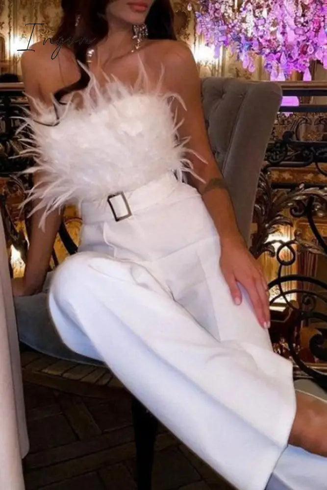 Ingvn - Sexy Feathers With Belt Strapless Jumpsuits(5 Colors)
