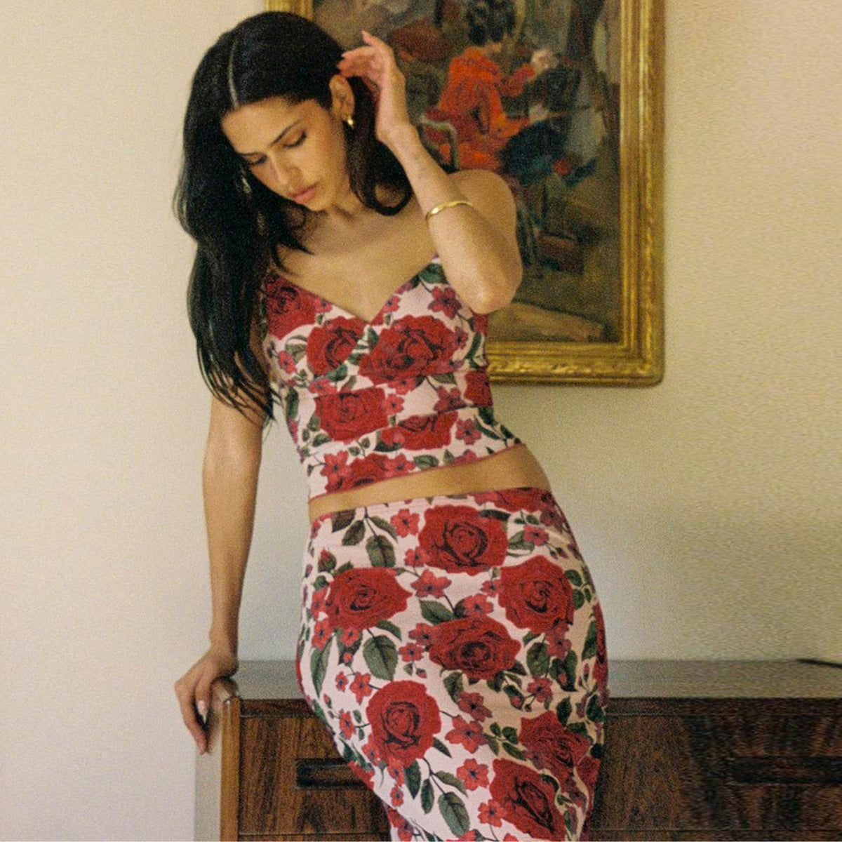 Pphmm outfit inspo Autumn New Fashion Style Floral Print V-neck Small Strap Sheath Close-Fitting Dress for Women Suit