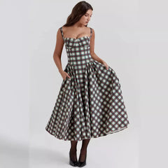 Palace Style Plaid Print A-line Dress Women Spaghetti Strap Spring Summer Dress Elegant Midi Long Party Dresses