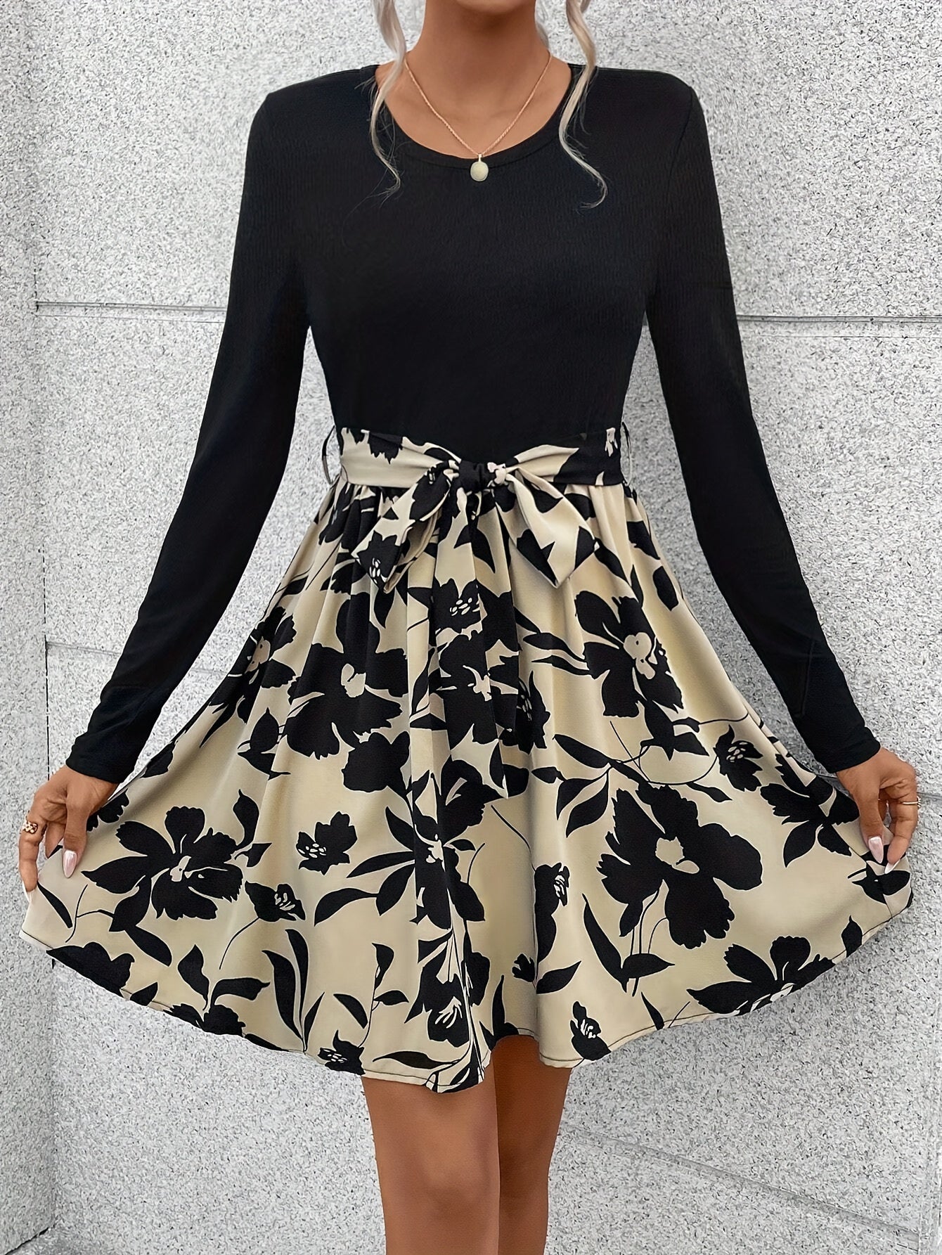 Round Neck Solid Color Long Sleeved T-shirt Paired With Lace Up Printed Mid Length Pleated Skirt, Women's Dress