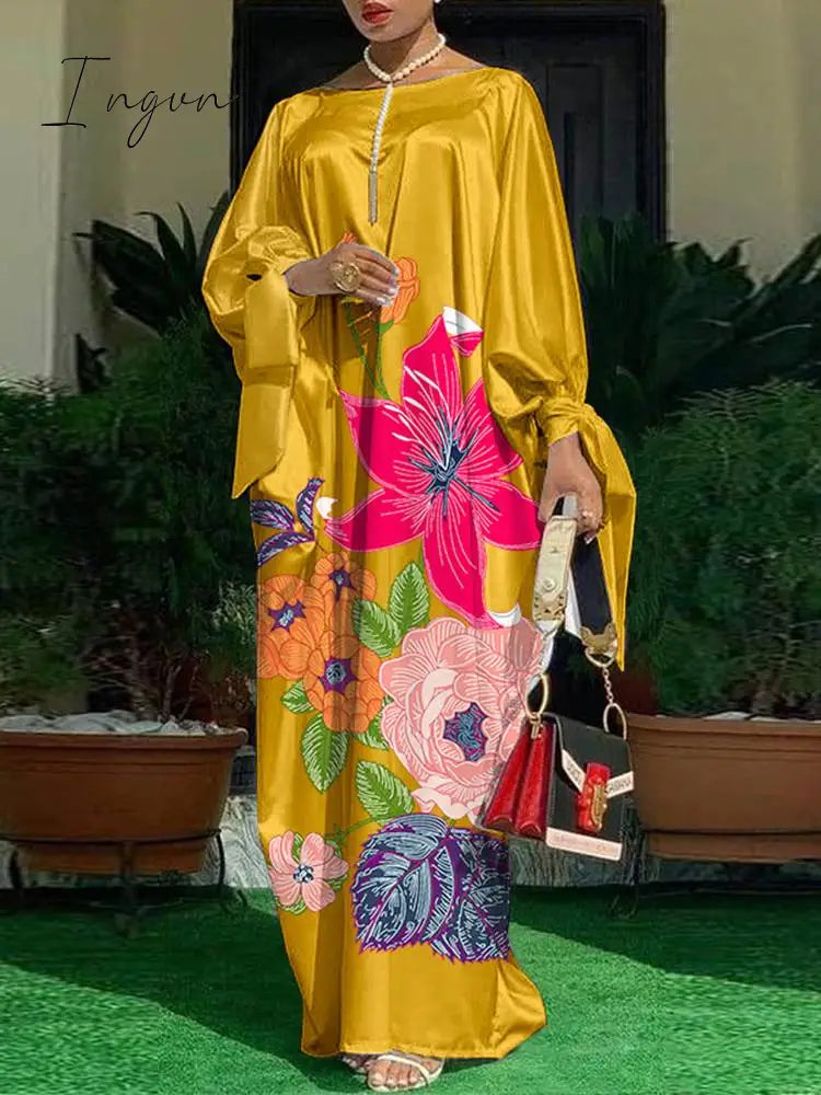Ingvn - Women Ingvn Summer Party Dress Vintage Floral Printed Casual Loose Bohemian Beach Sundress Long Sleeve Satin Maxi Vestidos