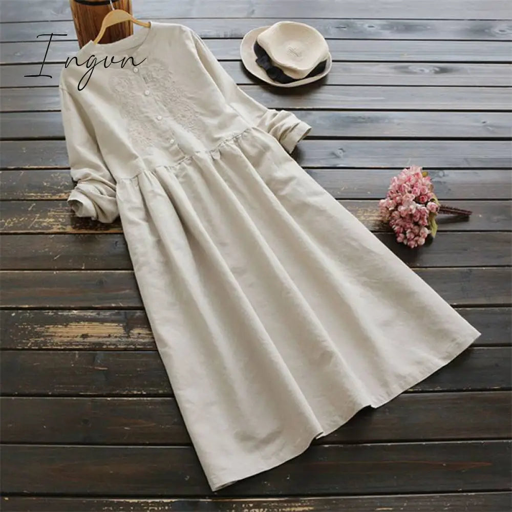 Ingvn - Autumn Embroidery Long Shirt Dress Vintage Women Casual Cotton Vestidos Women Long Sleeve Sundress Kaftan
