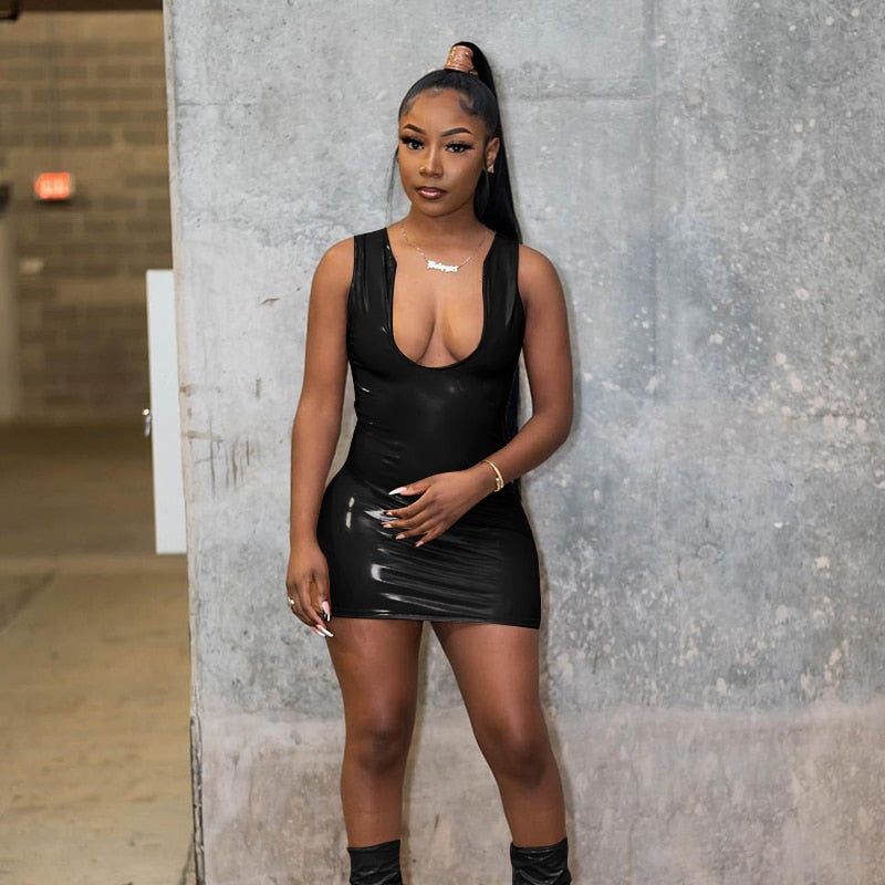 Sleeveless Solid Deep V-Neck Pu Leather Zip Up Mini Dress Autumn Winter Women Fashion Sexy Party Club Clothings