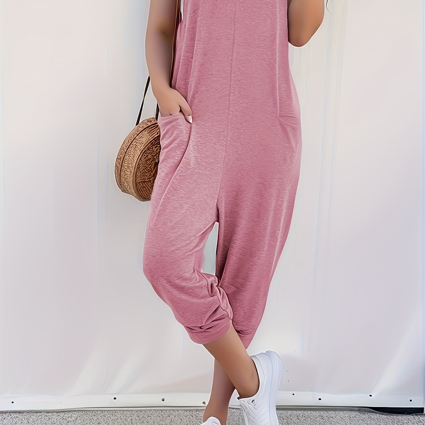 Solid Patched Pockets Overall Jumpsuit, Versatile V-neck Overall Jumpsuit For Spring & Summer, Women's Clothing