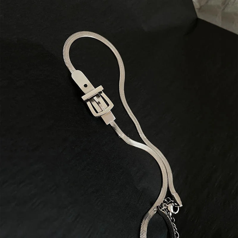 INGVN  Neo Gothic Alloy Choker Silver Color Belt Buckle Snake Chain Necklace For Women Fashion Jewelry Party Accessories