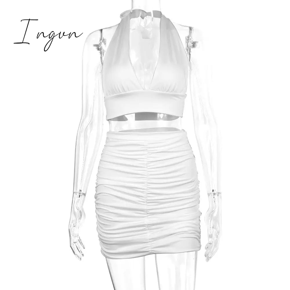 Ingvn - 2 PCS Sexy Ruffle Mini Dress Set Black Deep V Top Summer Skirts Suits Bodycon Women Party Tight Short Dress Suit