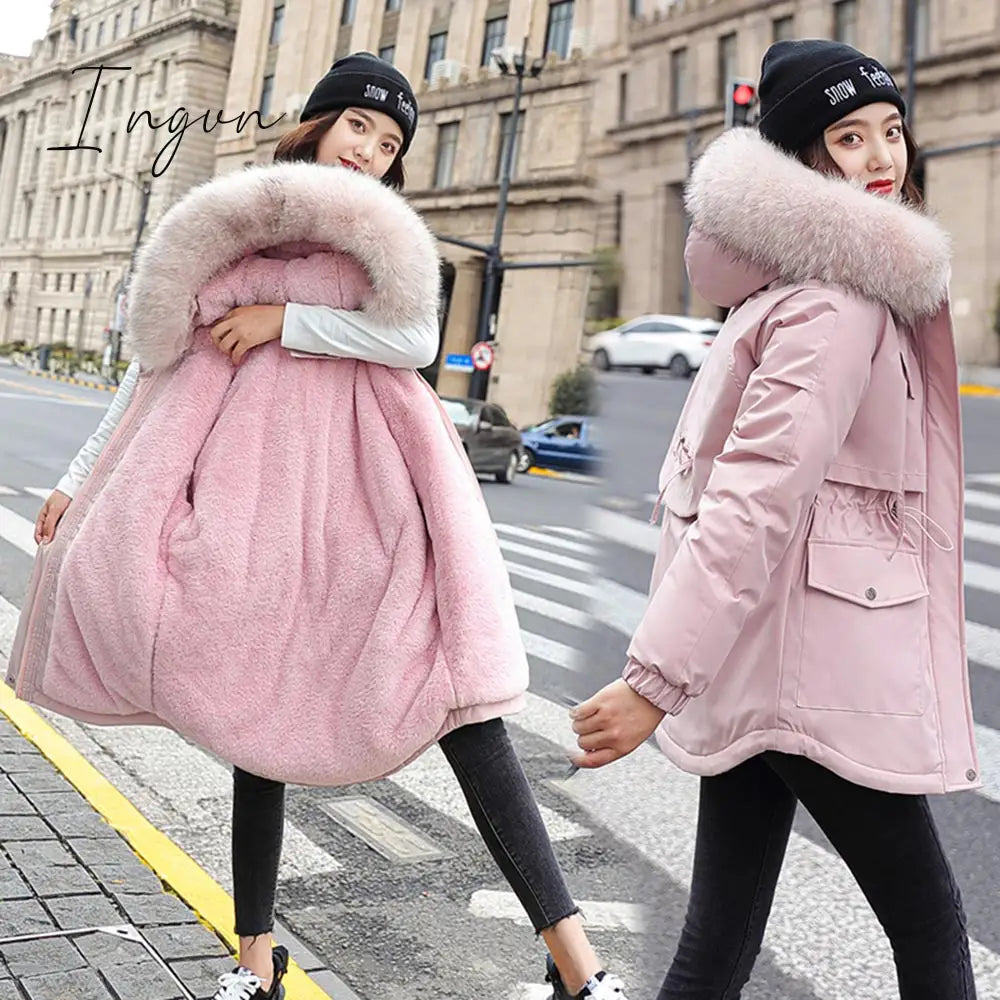 Ingvn - New Cotton Thicken Warm Winter Jacket Coat Women Casual Parka Winter Clothes Fur Lining Hooded Parka Mujer Coats Jacket