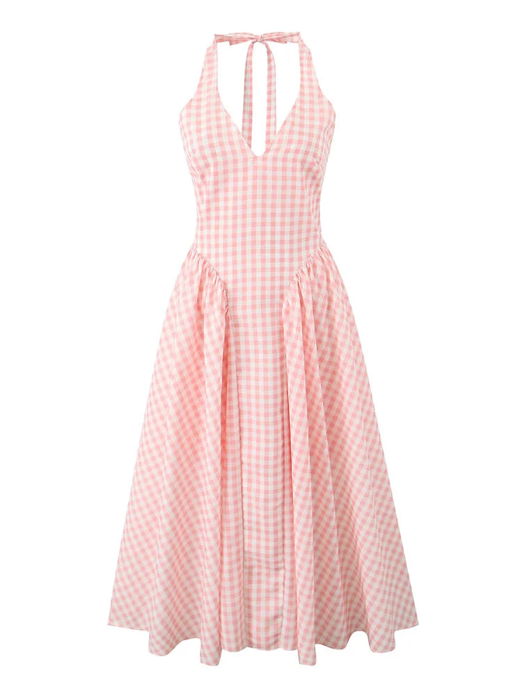 Plaid Print Halter V-neck Midi Dress Women Sexy Off Shoulder Sleeveless A-line Pleated Dress Lady Casual Vacation Vestidos