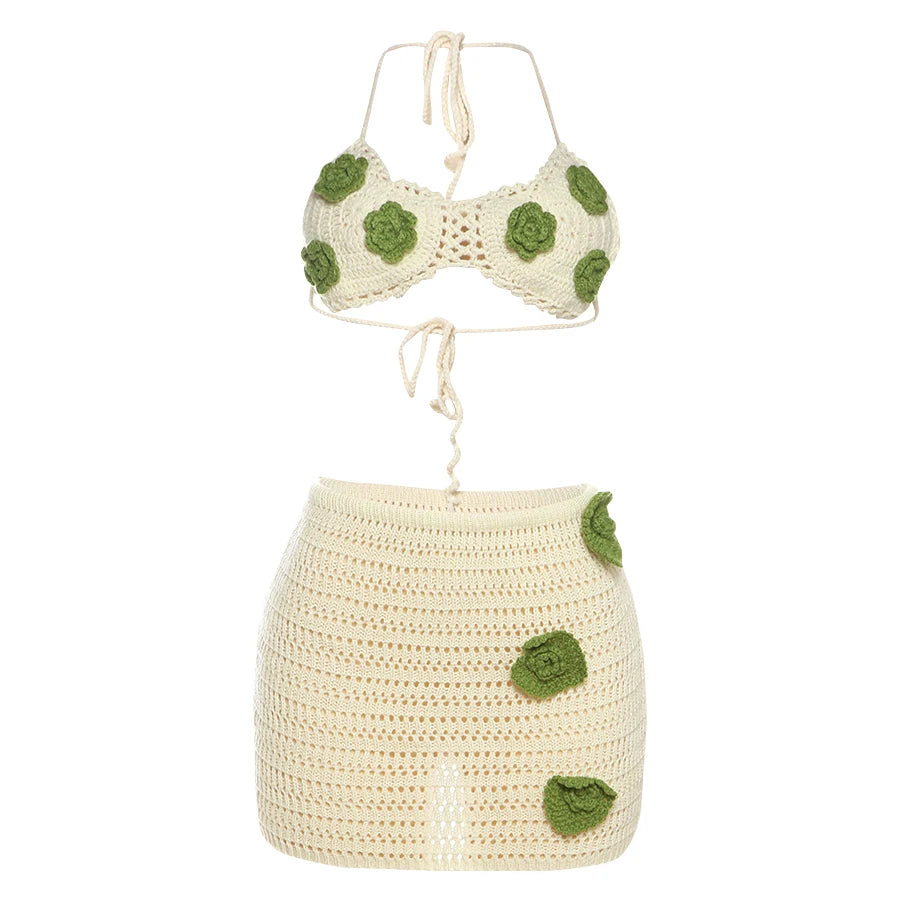 Sexy Crochet Applique 2 Piece Set Women Hollow See Through Halter Bra+Peach Hip Skirts Beach Vacation Matching Clubwear