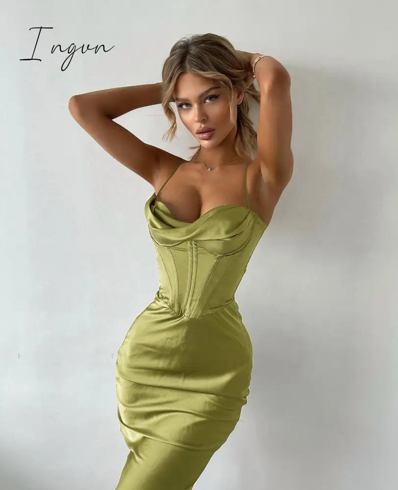 Ingvn - trends high quality Giyu Night Clubwear Party Satin White Dresses Women Summer Sexy Bodycon Midi Vestidos Spaghetti Strap Backless Corset Dress